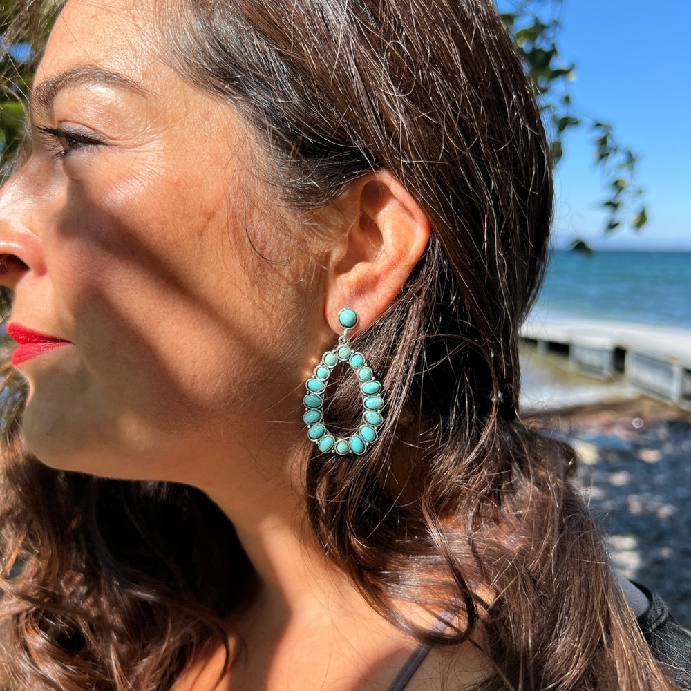 Blue Stone Chandelier Earrings Boho Western Cowgirl Silver Drop Dangle 2” NWT - Picture 2 of 2